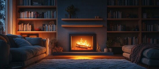 Cozy Winter Night by the Fireplace: A Serene Living Room Scene