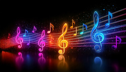 Obraz premium colorful neon music notescape, black background