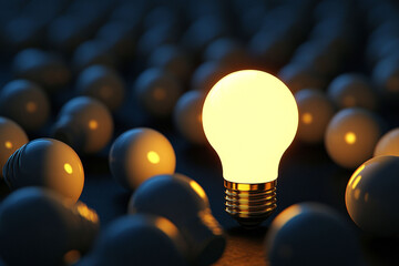 A single bright lightbulb shines amidst a sea of dimmed bulbs, symbolizing innovation, creativity, and standing out from the crowd. innovation and leadership
