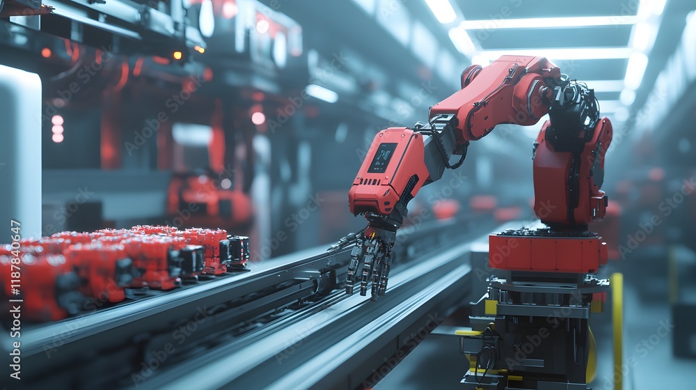 Poster red robotic arm working on assembly line