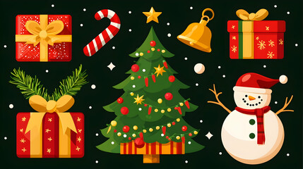 Festive Christmas elements tree, gifts, snowman, candy cane, bell, on dark background, for holiday greeting cards