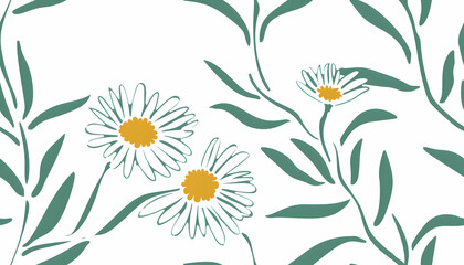 Illustration - White Daisy Flowers and Green Leaves Background