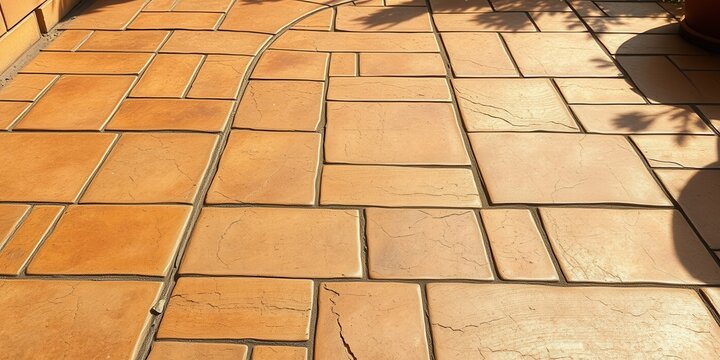 A close-up view of a textured terracotta tile patio with subtle variations in color and a slight curve in the pattern, casting subtle shadows in the afternoon sunlight