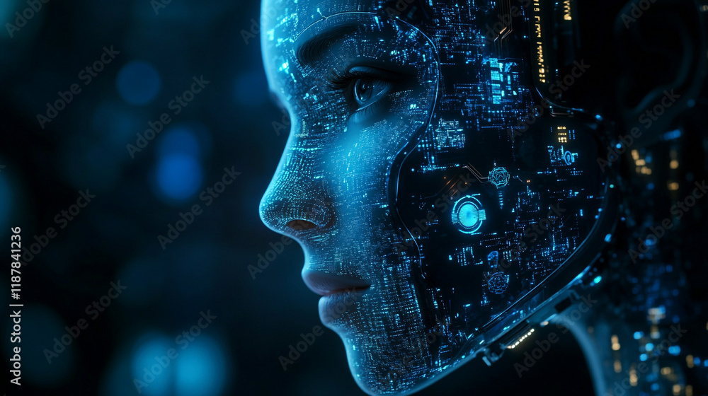 Poster futuristic humanoid robot design with glowing circuitry and digital features in a dark environment