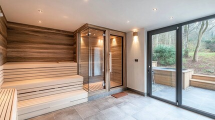 Modern spa with a sauna and steam room, featuring wooden interiors and soft light filtering through glass panels