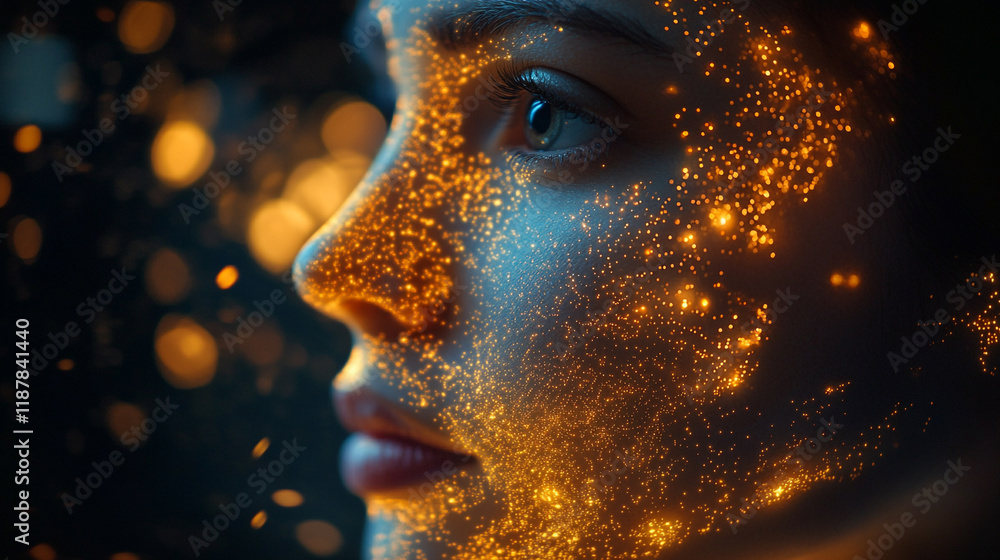 Aufkleber enigmatic portrait of a person adorned with glowing patterns in a dark setting