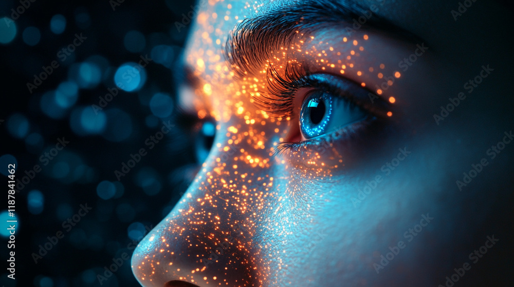 Poster close-up view of an eye illuminated by shimmering particles in a dark environment