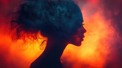 Woman's silhouette with dark smoky hair against a fiery background.
