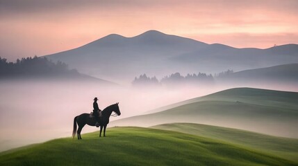 A serene landscape featuring a rider on a horse atop rolling green hills, surrounded by misty mountains during a soft sunrise.