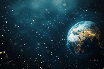 Naklejka premium A breathtaking view of Earth from space, illuminated by city lights and twinkling stars. This image captures the beauty and fragility of our home planet.