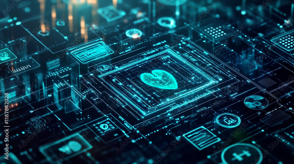 Poster digital heart symbol on virtual screen surrounded by technology elements in a futuristic setting
