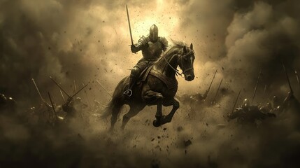 Fototapeta premium A knight on horseback charges through a smoky battlefield, wielding a sword, embodying strength and valor against a dramatic backdrop.