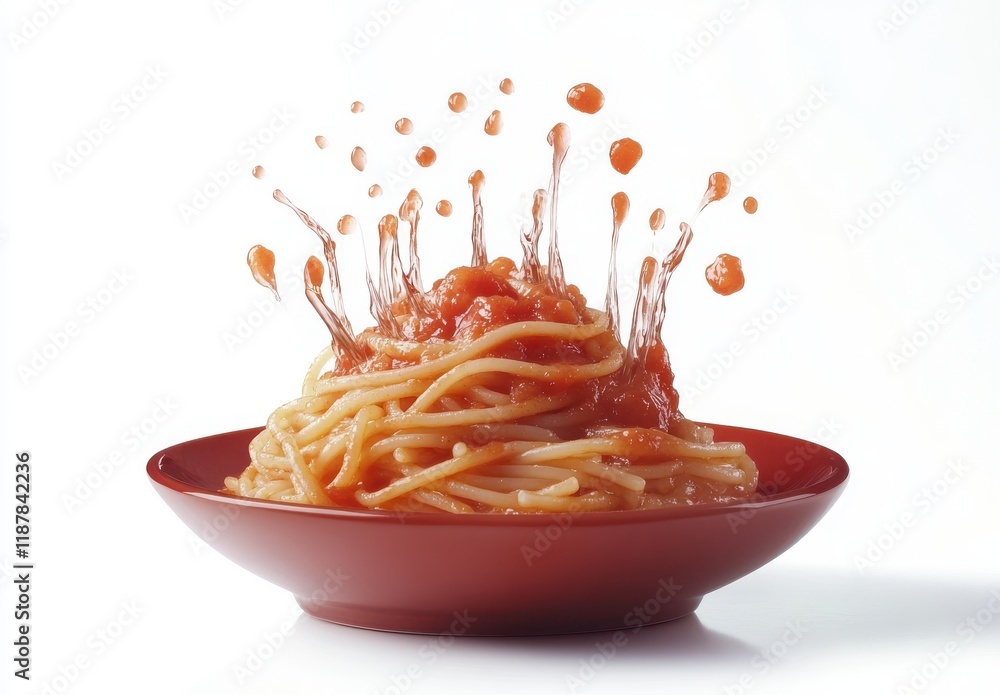 Poster delicate spaghetti with rich tomato sauce splashing in a red plate creating dynamic culinary action 