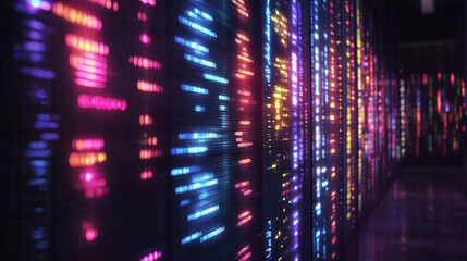 Colorful lighting on data servers in a modern technology center at night