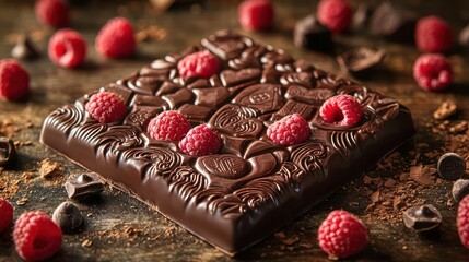 Chocolate bar adorned with raspberries and cocoa.