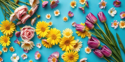 Floral Composition Featuring Pink Roses, Yellow Daisies, and Purple Tulips on a Vibrant Blue Background