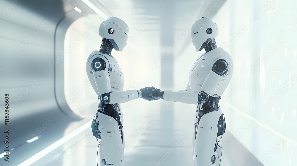 Poster two humanoid robots shake hands in a futuristic setting