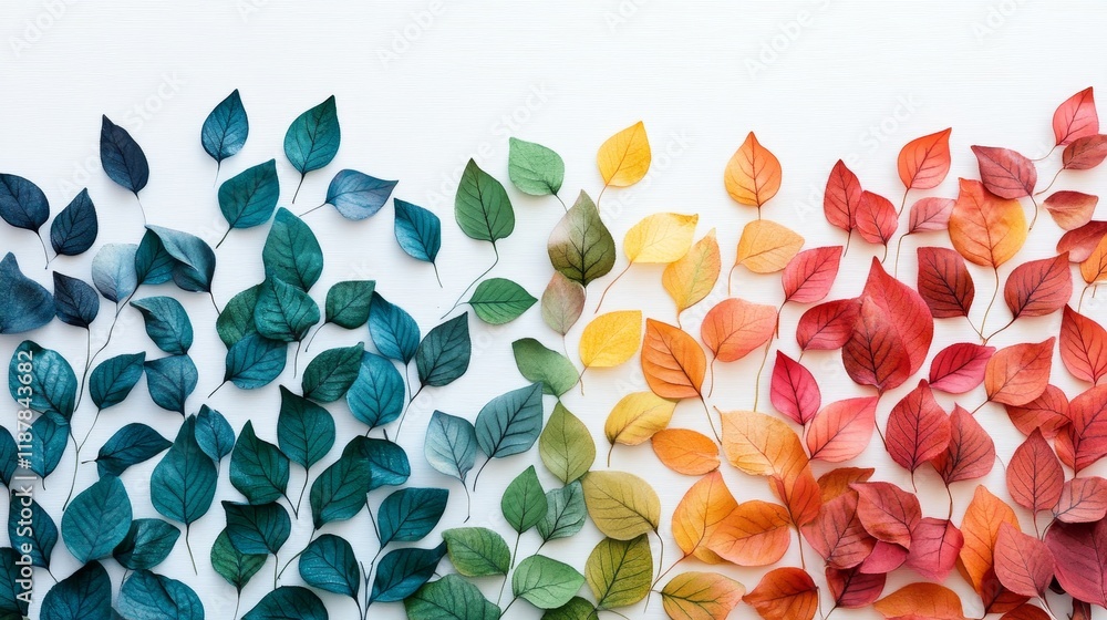 Poster vibrant multicolored paper leaves arranged in gradient pattern