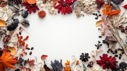 Floral frame with colorful dried flowers on white background