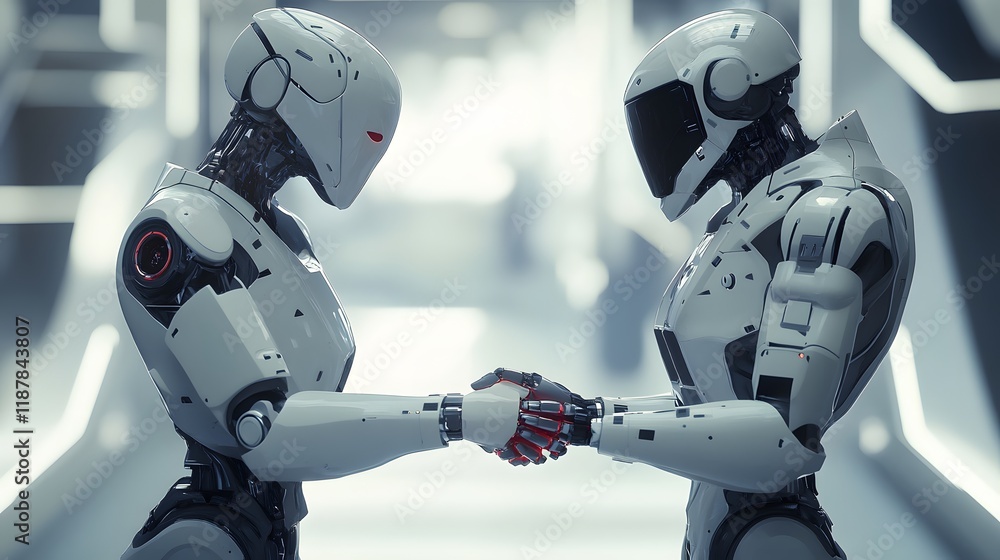 Poster two advanced robots shake hands in a futuristic setting