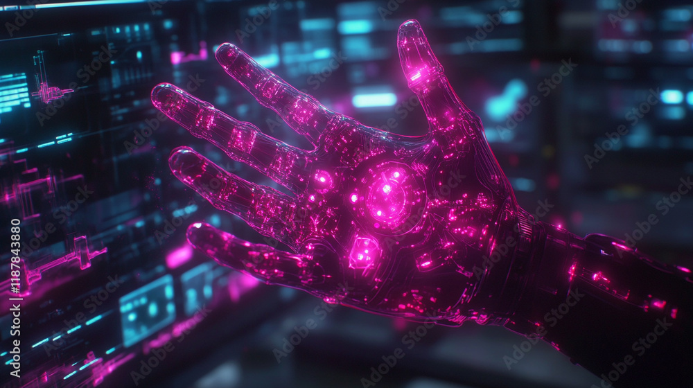 Poster futuristic hand interface displaying glowing purple data in a high-tech environment