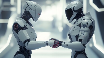 Two Advanced Robots Shake Hands In A Futuristic Setting