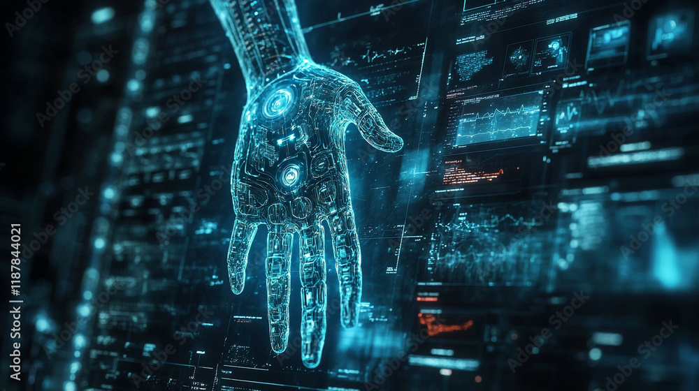 Poster glowing futuristic hand interacting with digital data in a high-tech environment