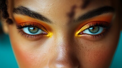 Naklejka premium Close-up of woman's eyes with vibrant orange and gold eyeshadow.
