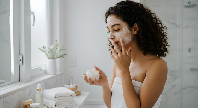 woman applying facial mask on her face
