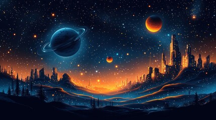 Naklejka premium A cosmic landscape with planets and a futuristic city.