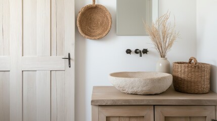 Rustic bathroom interior with barn-style doors and stone sink design