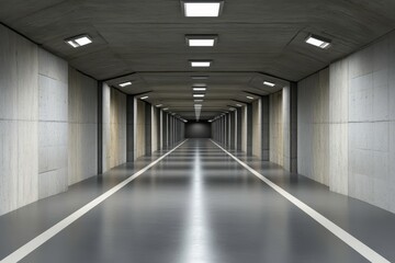 Modern concrete corridor with symmetrical lighting, showcasing a sleek minimalist design, and smooth reflective flooring, evoking a sense of depth and spaciousness