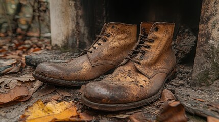 Worn leather boots on autumn leaves by old oven, symbolizing rural life.