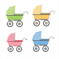 Baby stroller vector set in cartoon style. Green stroller clipart in flat design isolated on white background. Baby shower, baby element.