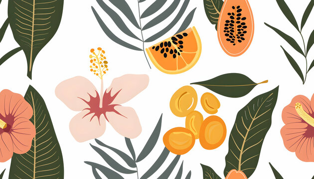 Illustration Tropical Fruit and Flower Pattern Background