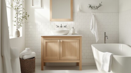 Scandinavian style bathroom with light wooden vanity and minimalist decor