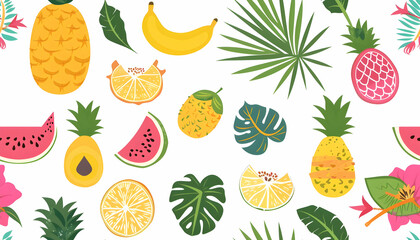 Illustration Tropical Fruits and Leaves Pattern Background