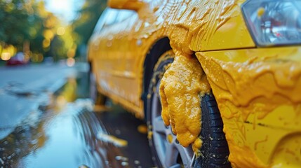 Yellow car covered in foam at carwash on city street.
