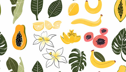 Illustration Tropical Fruit, Banana, Papaya, Lemon Pattern Background