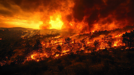 Fire truck and firefighters battle blazes, wildfire forest fire. natural disaster background banner panorama. Burning flames with smoke development and black silhouette of forest trees