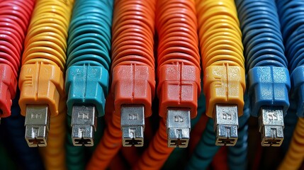 Colorful cables with connectors in a row.