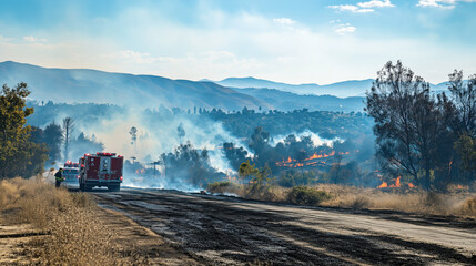 Fire truck and firefighters battle blazes, wildfire forest fire. natural disaster background banner panorama. Burning flames with smoke development and black silhouette of forest trees