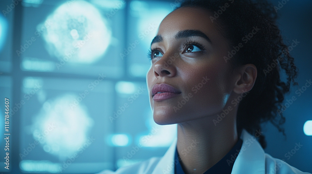 Poster medical researcher analyzing data in a laboratory setting with advanced technology