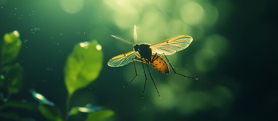 Naklejka premium Mosquito in Flight: A Moment of Serene Nature Photography