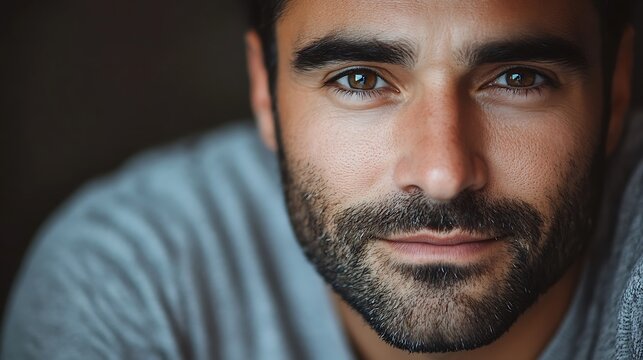 Close-up portrait of a man with a thoughtful expression, looking directly at the camera.  He has brown eyes and a short, dark beard.  He is wearing a gray shirt.