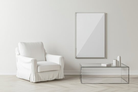 Elegant Scandinavian space with white sofa, minimalist table, and tilted 3D mockup frame for visuals.