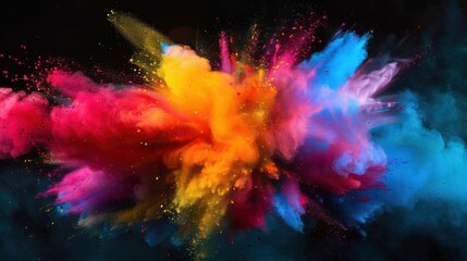 a dynamic explosion of colors and abstract shapes, white space in the center of the page for text, bold and vibrant hues against a black background