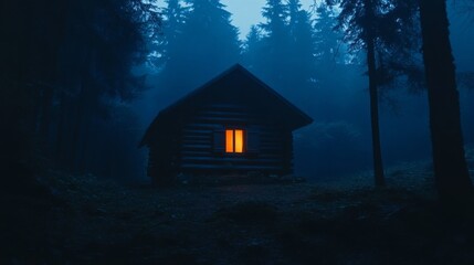 Solitary log cabin at night in a misty forest with illuminated window