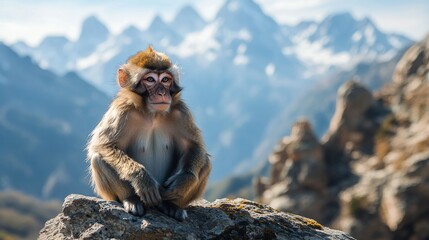 Naklejka premium Young monkey sitting on rock, mountain background.
