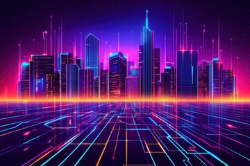 Futuristic Neon Cityscape with Vibrant Colors and Dynamic Light Patterns Representing Urban Life and Technology at Night, Ideal for Digital Art and Sci-Fi Themes